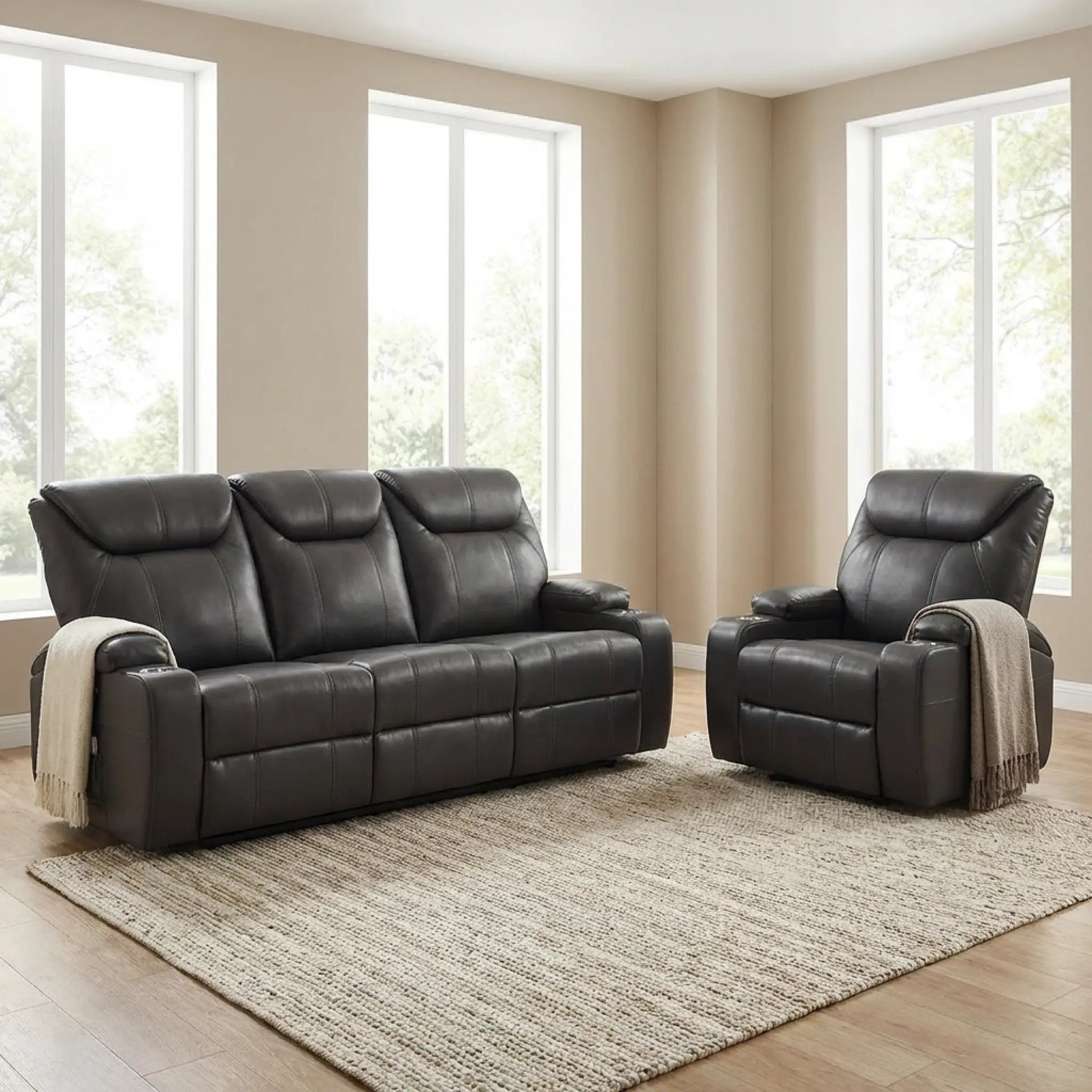 Cinema Grey Electric Leather 3+1 Recliner Sofa set With Two Cup Holders - Furniture Instore