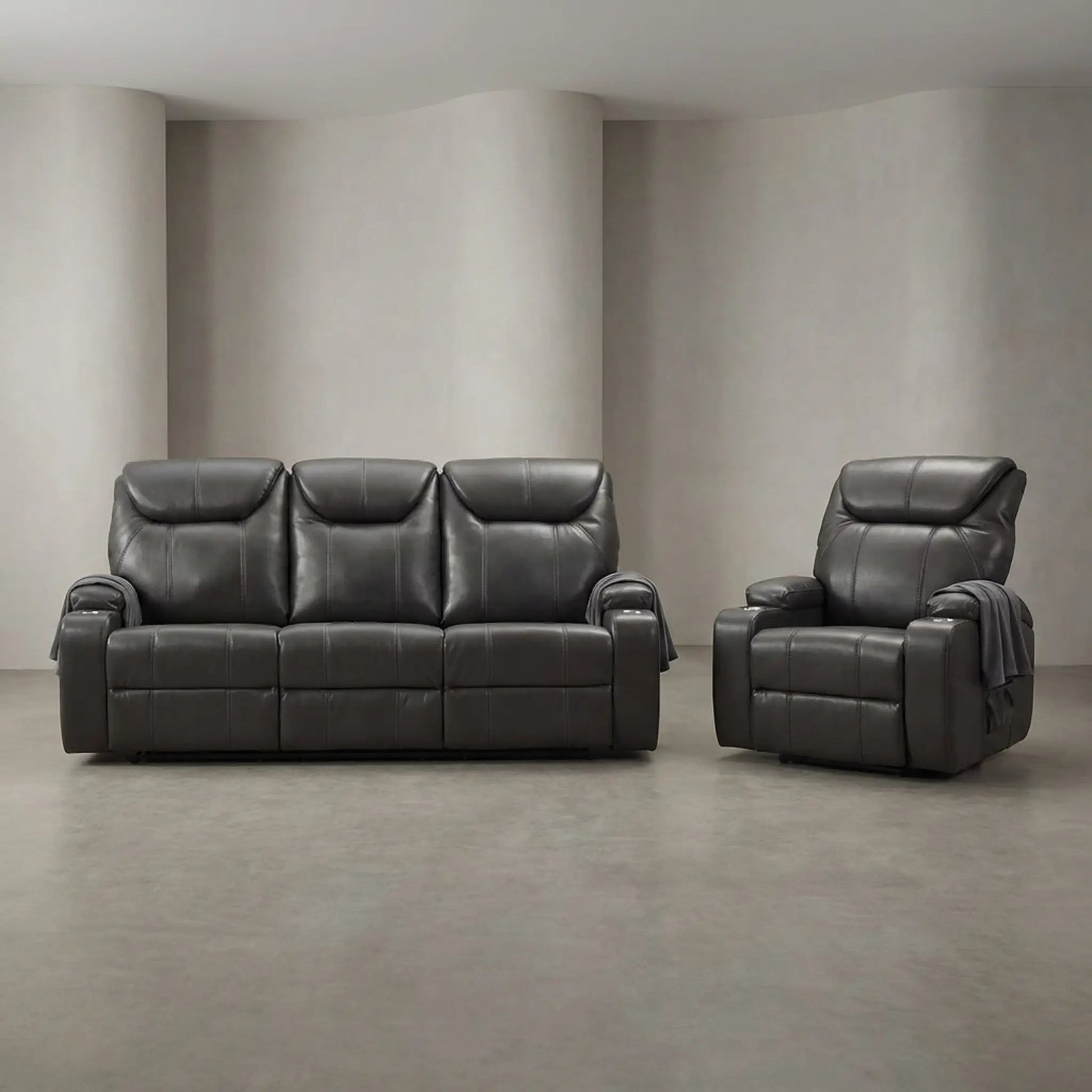 Cinema Grey Electric Leather 3+1 Recliner Sofa set With Two Cup Holders - Furniture Instore