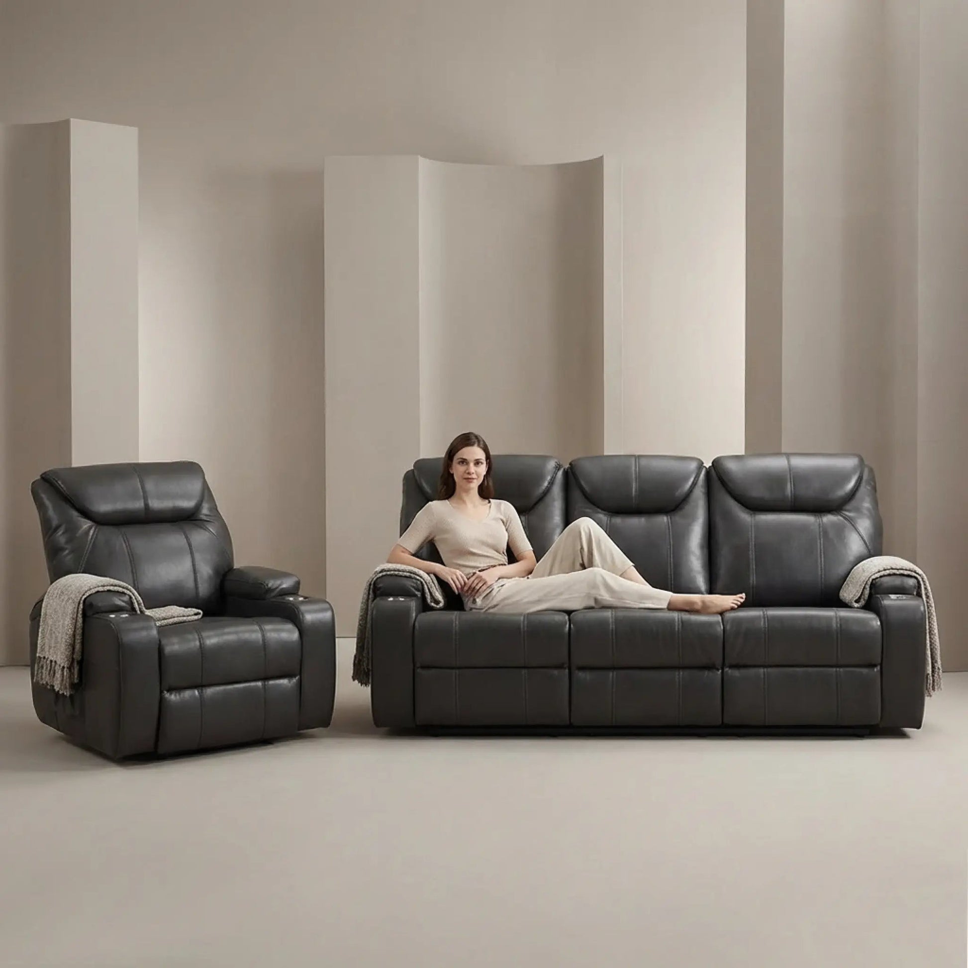 Cinema Grey Electric Leather 3+1 Recliner Sofa set With Two Cup Holders - Furniture Instore