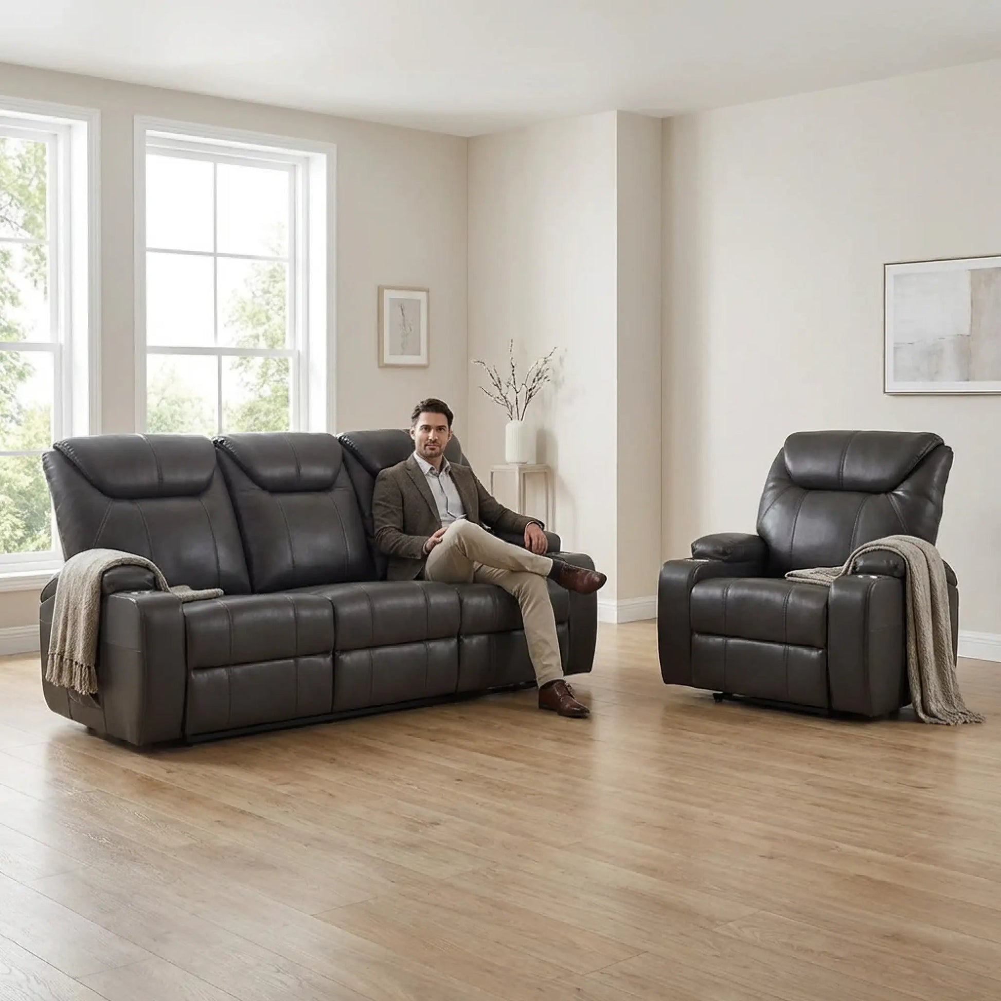 Cinema Grey Electric Leather 3+1 Recliner Sofa set With Two Cup Holders - Furniture Instore