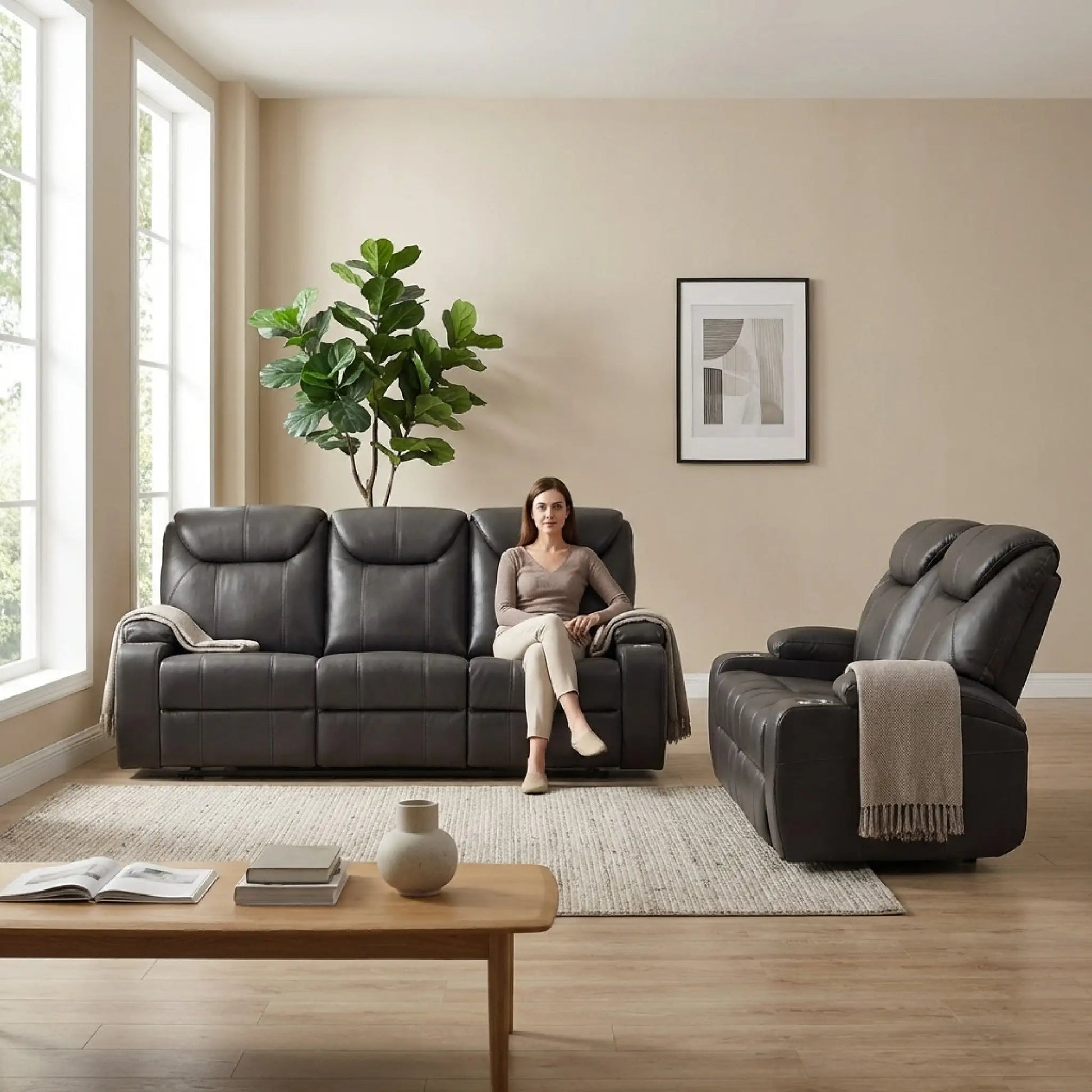 Cinema Grey Electric Leather 3+2 Recliner Sofa Set With Two Cup Holders - Furniture Instore