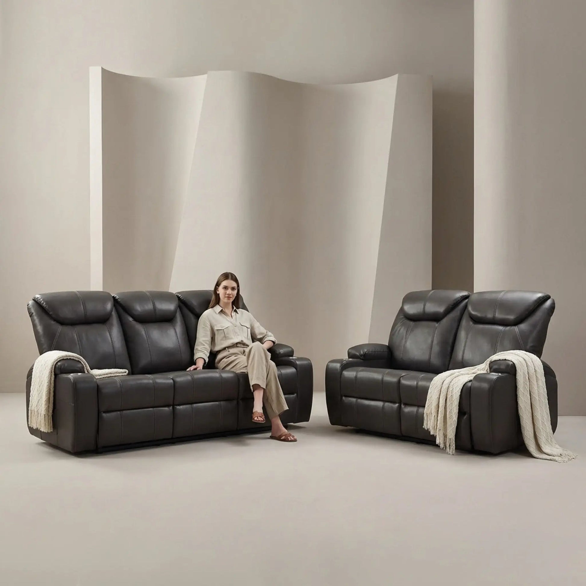 Cinema Grey Electric Leather 3+2 Recliner Sofa Set With Two Cup Holders - Furniture Instore