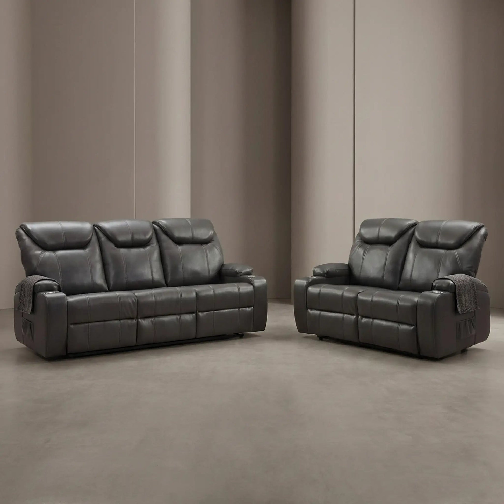 Cinema Grey Electric Leather 3+2 Recliner Sofa Set With Two Cup Holders - Furniture Instore