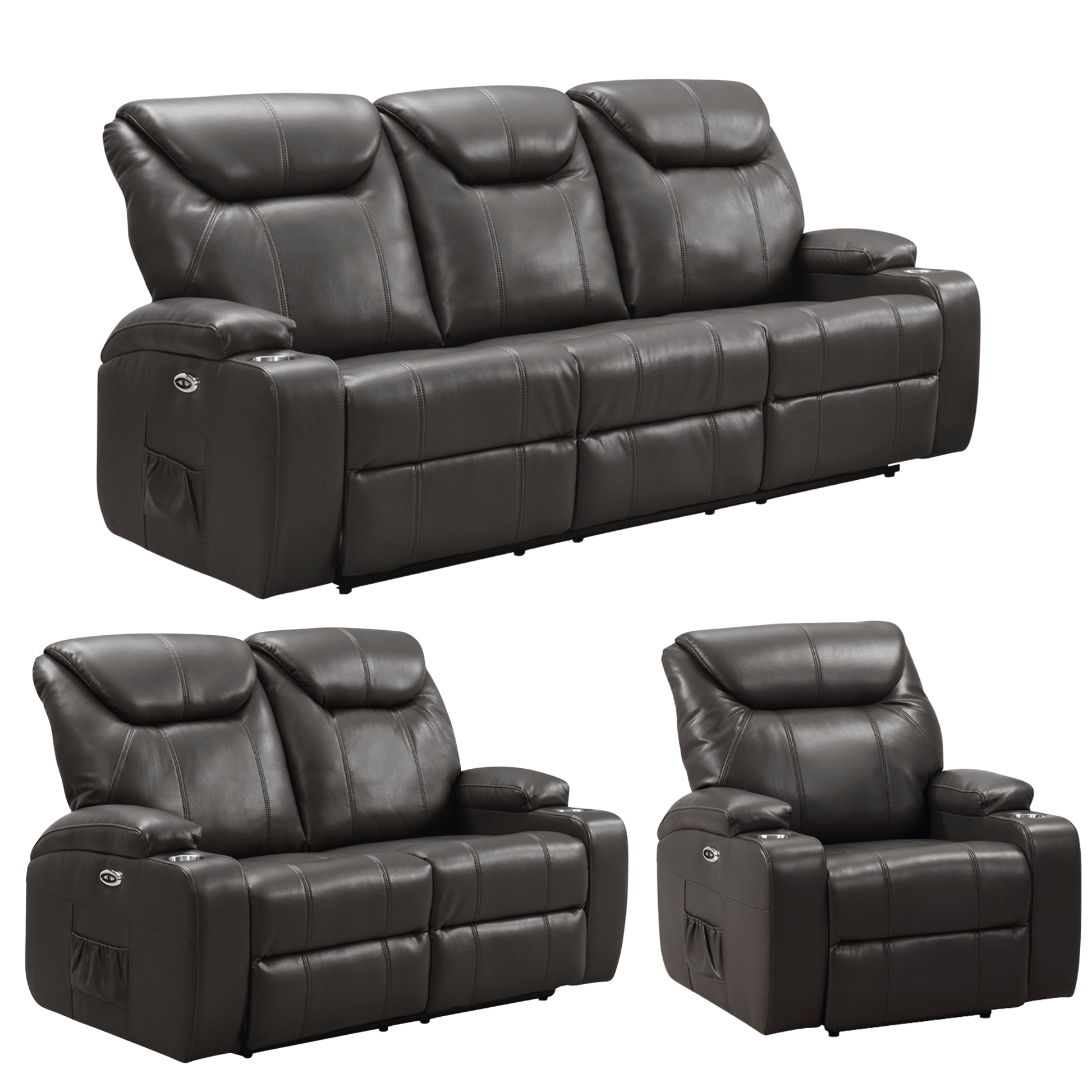 Black leather reclining sofa set on a white background