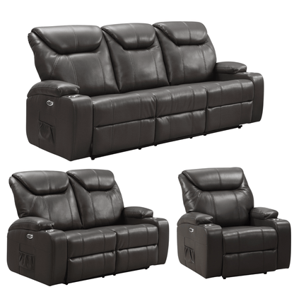 Black leather reclining sofa set on a white background