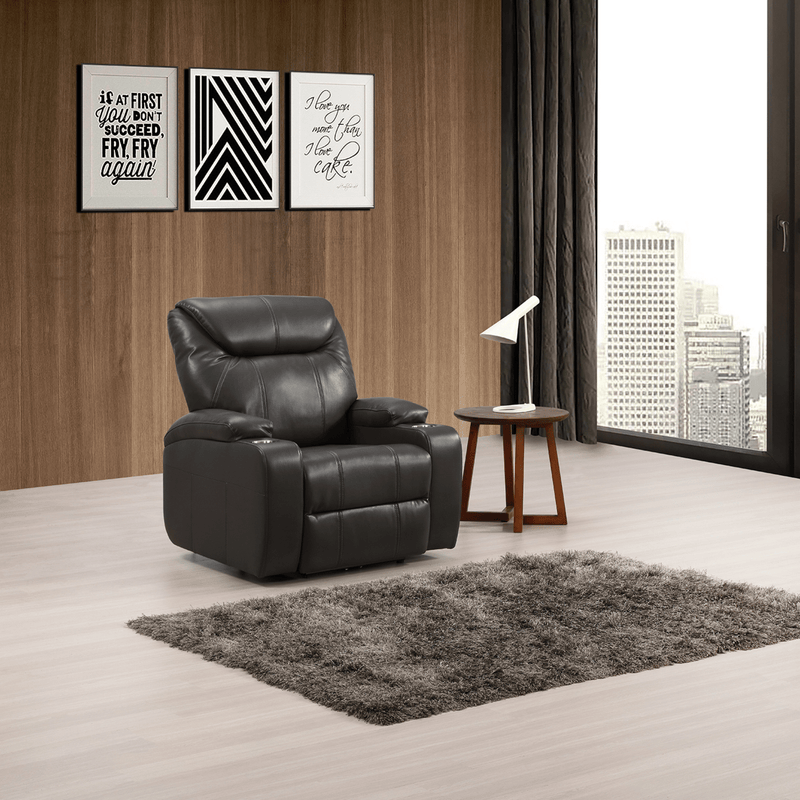 Modern living room with a black leather recliner chair, wooden side table, and cityscape view.