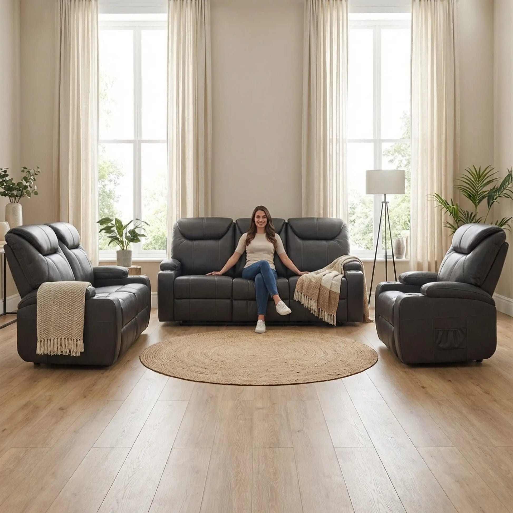 Cinema Grey Electric Leather 3+2+1 Recliner Sofa Set With Two Cup Holders - Furniture Instore