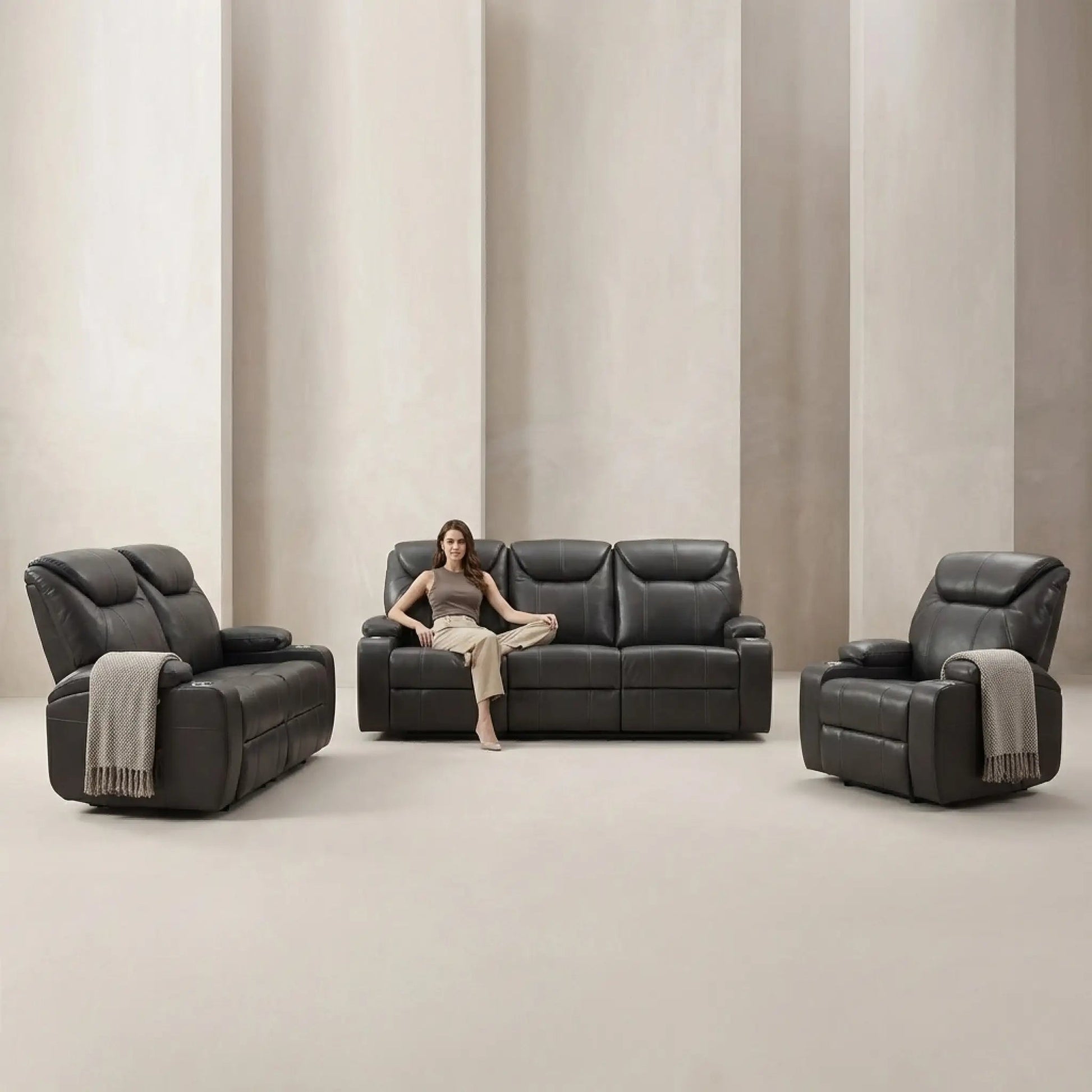 Cinema Grey Electric Leather 3+2+1 Recliner Sofa Set With Two Cup Holders - Furniture Instore