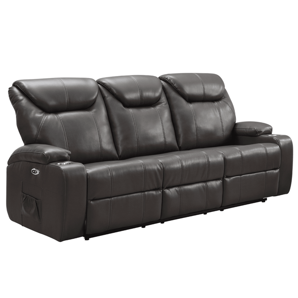 Cinema Grey Electric Leather 3 Seater Recliner Sofa With Two Cup Holders