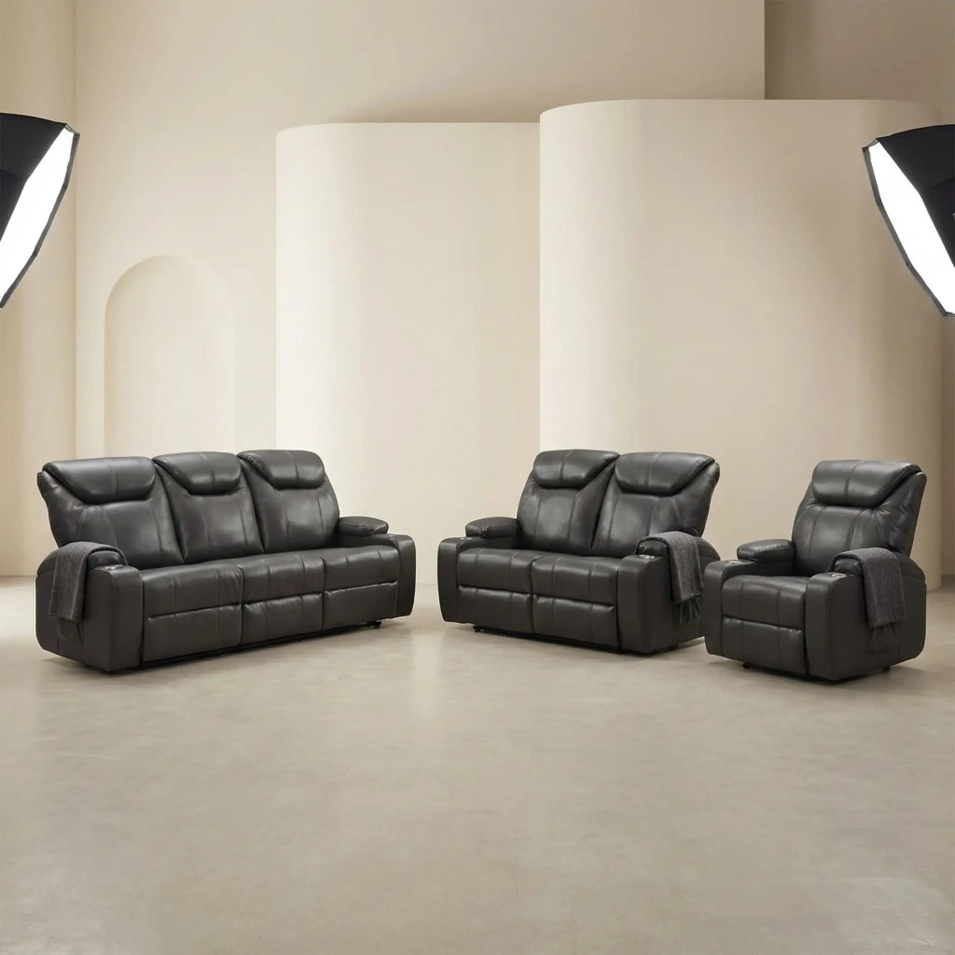 Cinema Grey Electric Leather 3+2+1 Recliner Sofa Set With Two Cup Holders - Furniture Instore