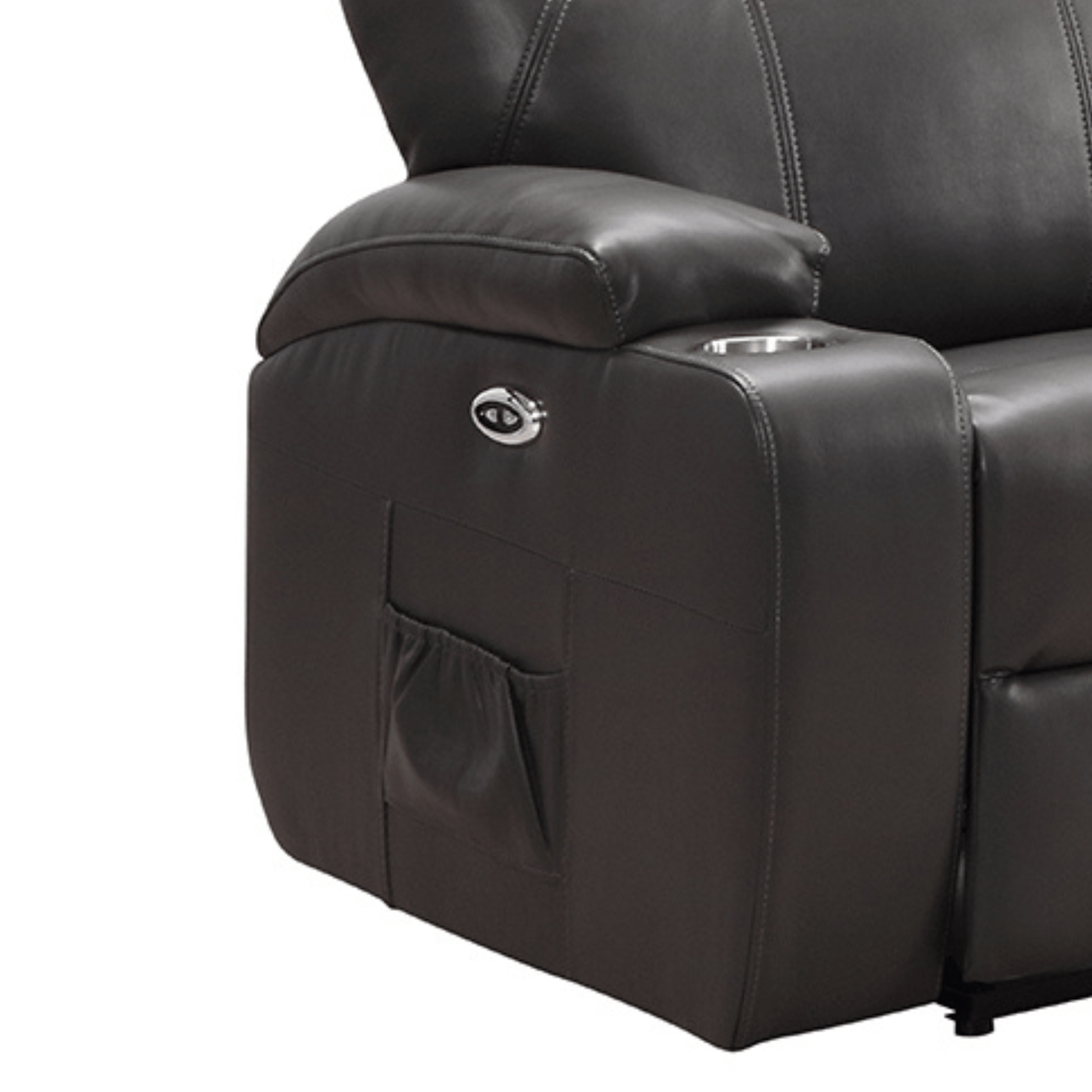 Black leather recliner chair with cup holder and pocket on a white background