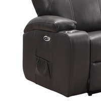 Black leather recliner chair with cup holder and pocket on a white background