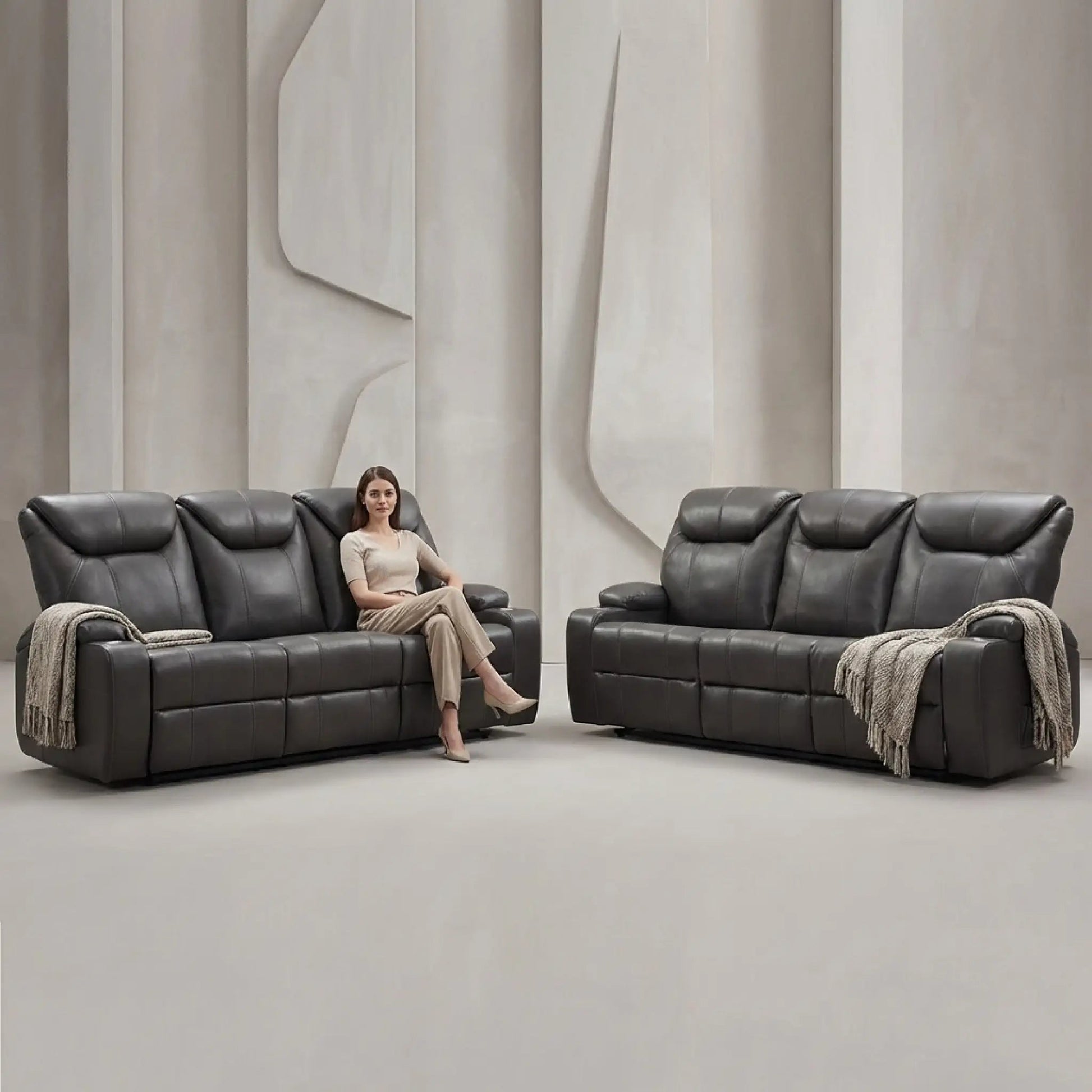 Cinema Grey Electric Leather 3+3 Recliner Sofa With Two Cup Holders - Furniture Instore
