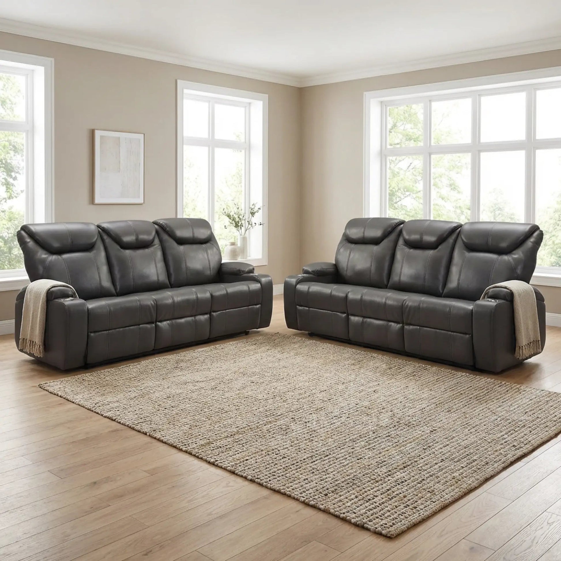 Cinema Grey Electric Leather 3+3 Recliner Sofa With Two Cup Holders - Furniture Instore