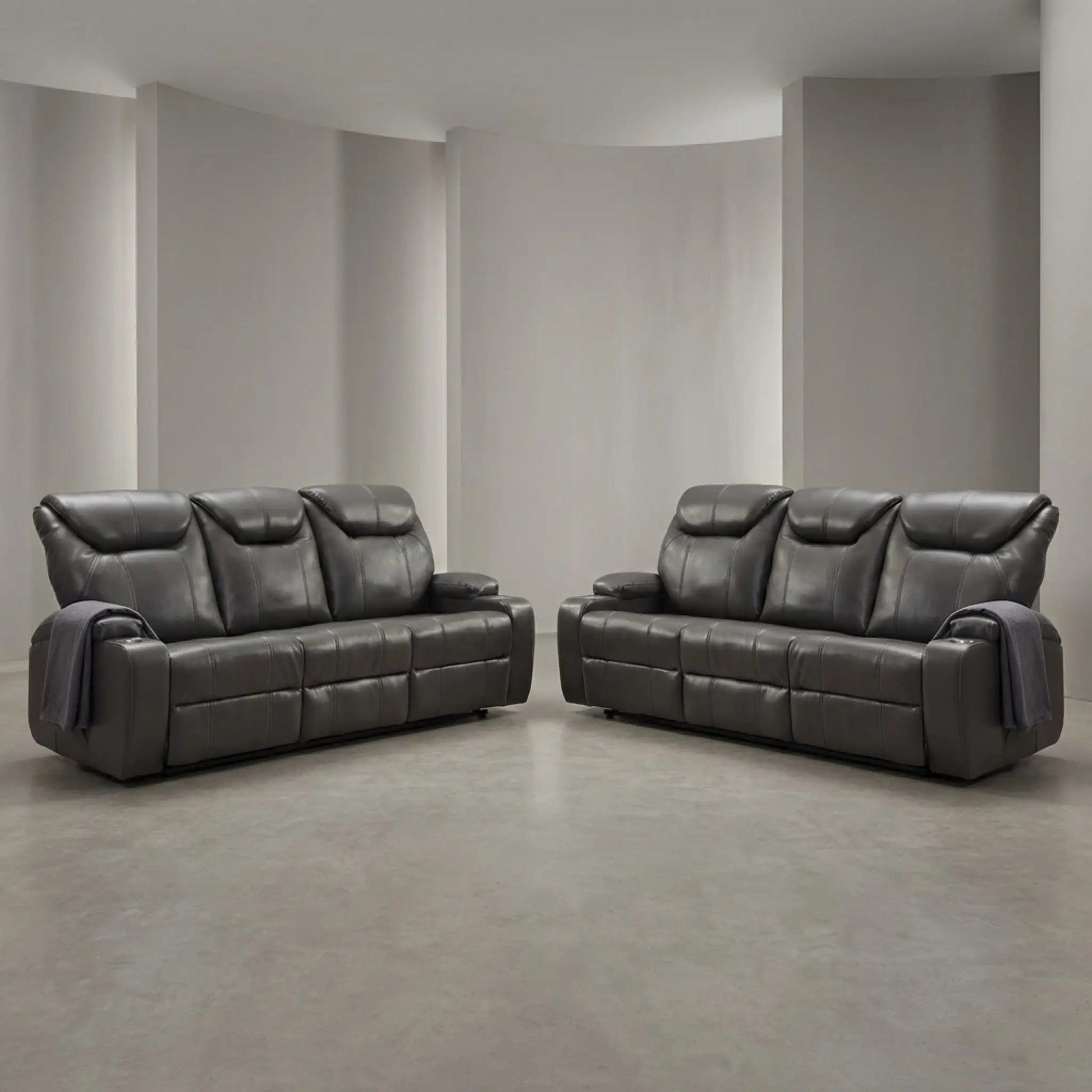 Cinema Grey Electric Leather 3+3 Recliner Sofa With Two Cup Holders - Furniture Instore