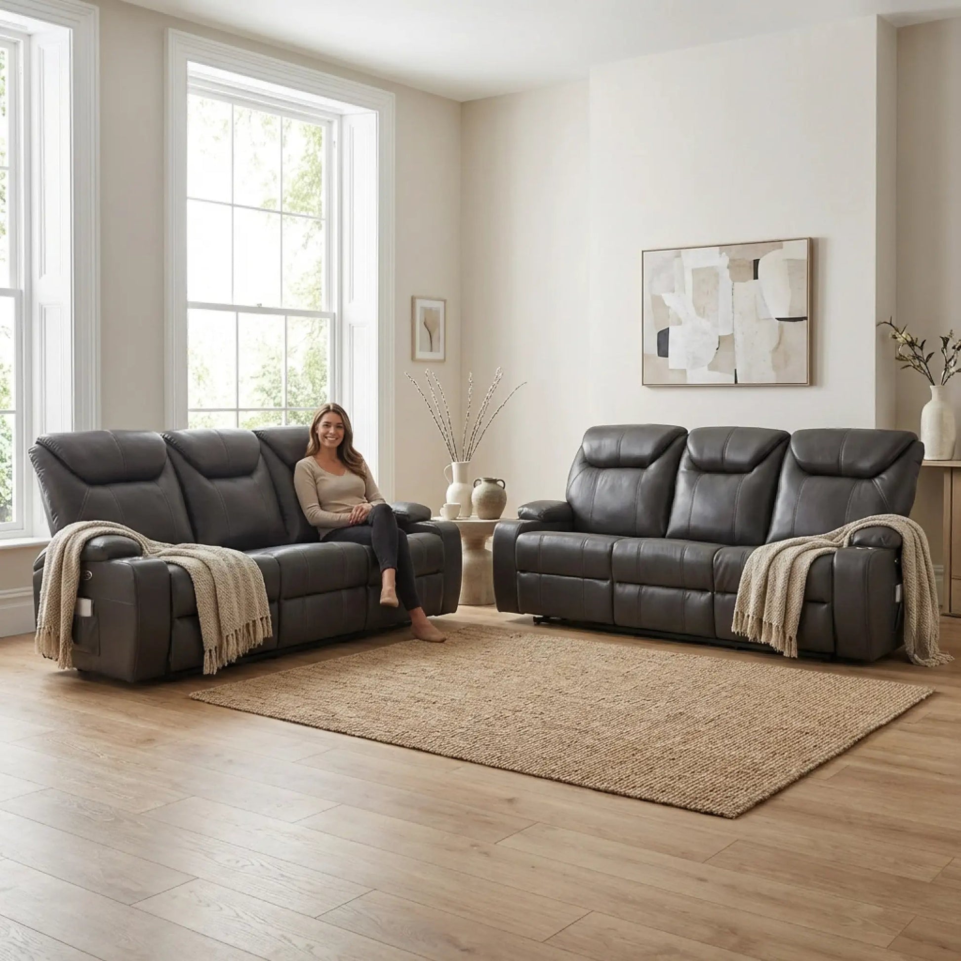 Cinema Grey Electric Leather 3+3 Recliner Sofa With Two Cup Holders - Furniture Instore