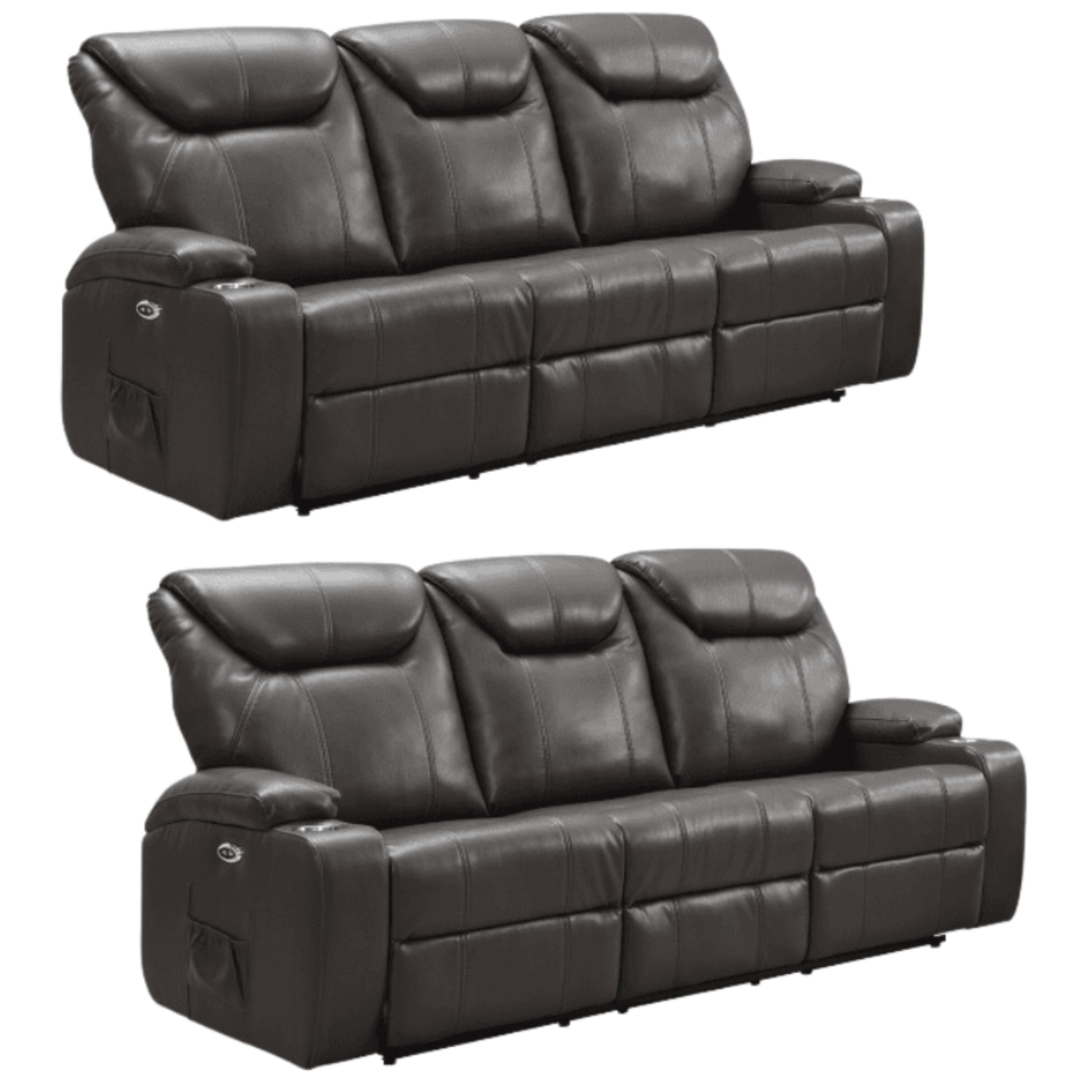 Two black leather recliner sofas on a white background