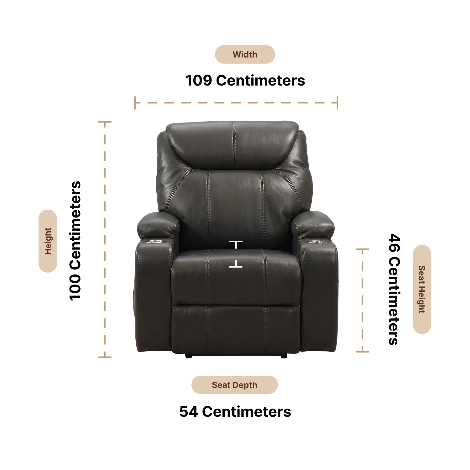 Cinema Grey Electric Leather Recliner Armchair With Two Cup Holders Dimensions