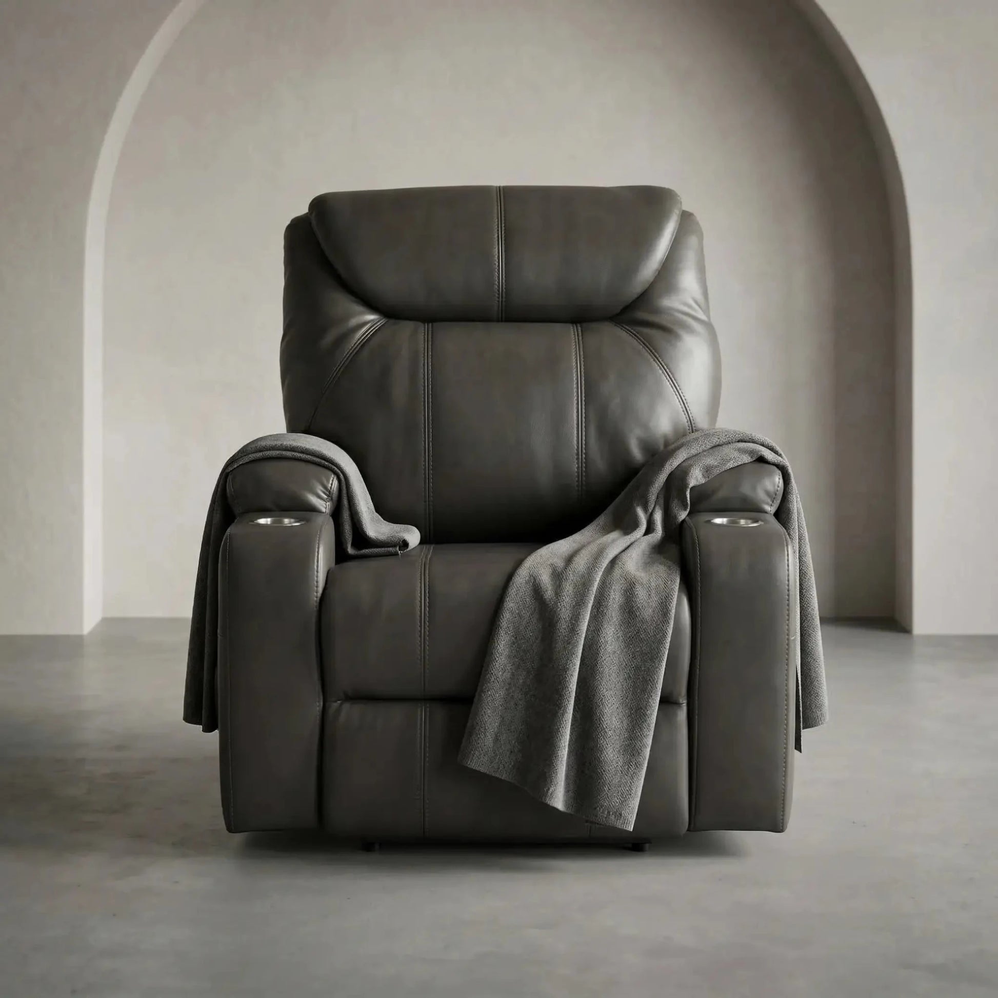 Cinema Grey Electric Leather Recliner Armchair With Two Cup Holders - Furniture Instore