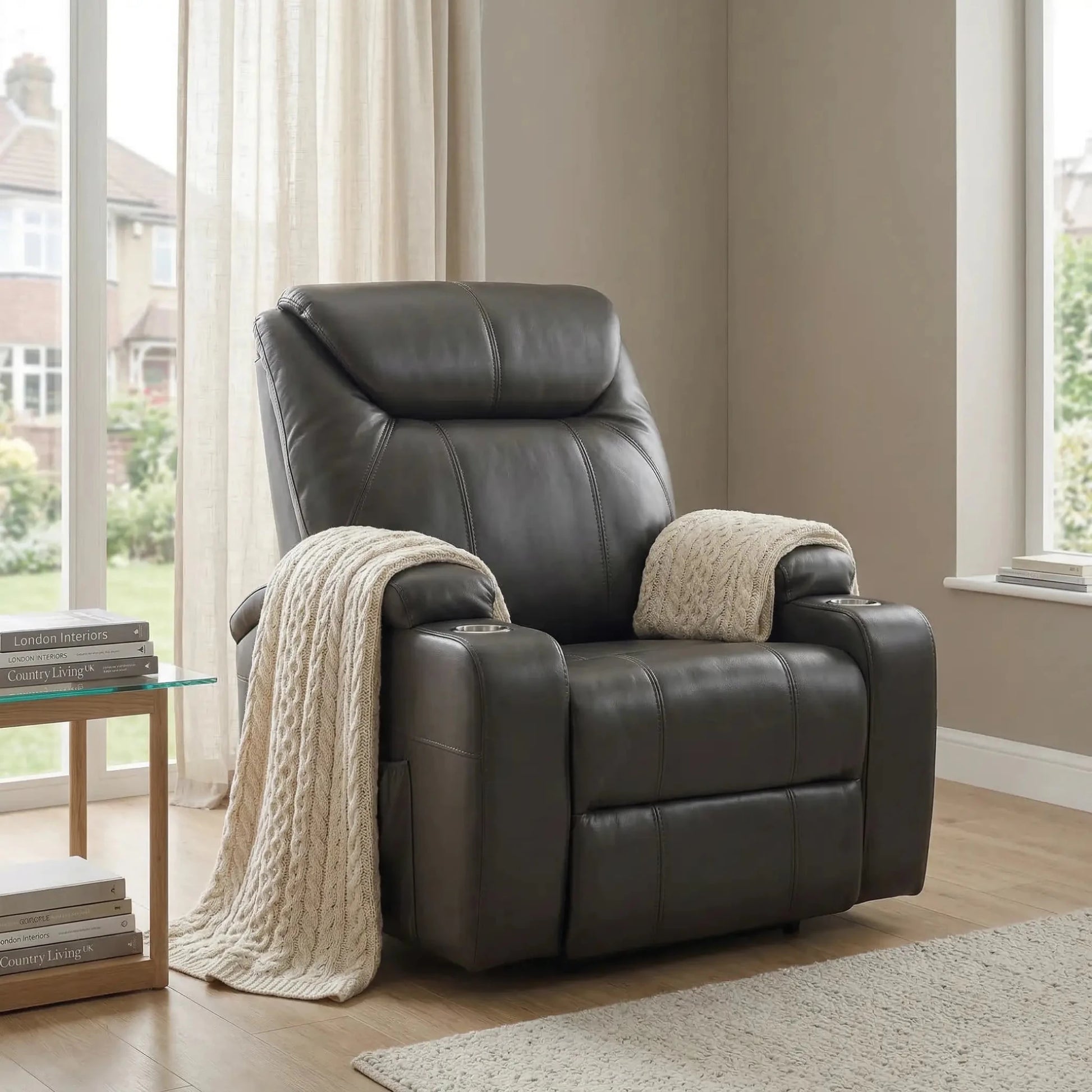 Cinema Grey Electric Leather Recliner Armchair With Two Cup Holders - Furniture Instore