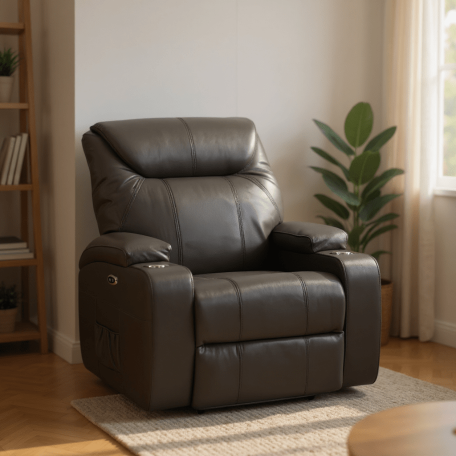 Cinema Grey Leather 3+1+1 Electric Recliner Sofa Set With Two Cup Holders - Furniture Instore