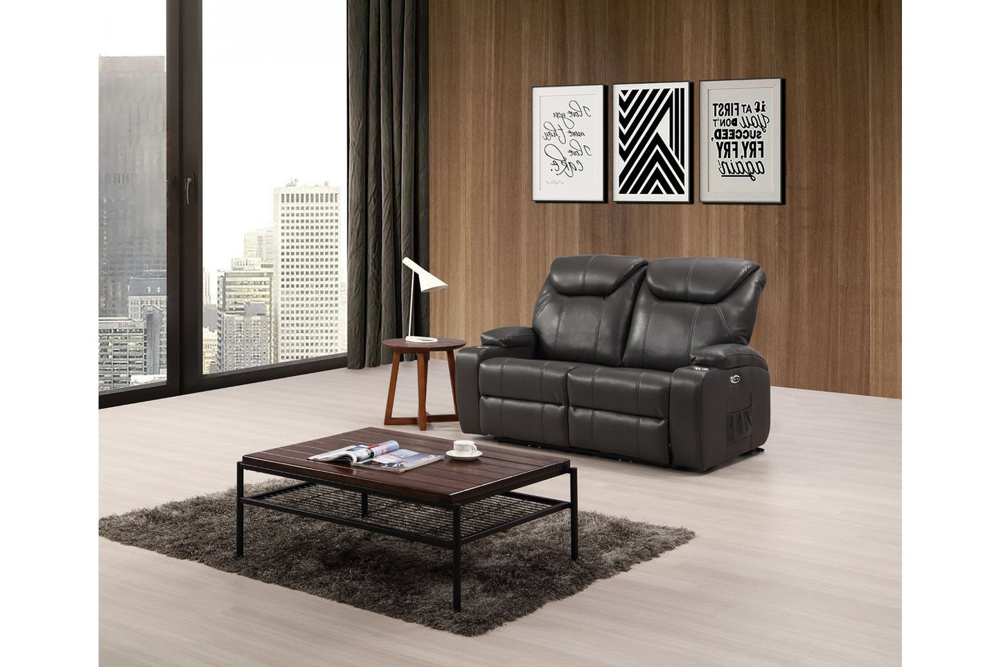 Grey electric leather 2-seater recliner sofa with 2 cup holders in modern living room – stylish power reclining couch