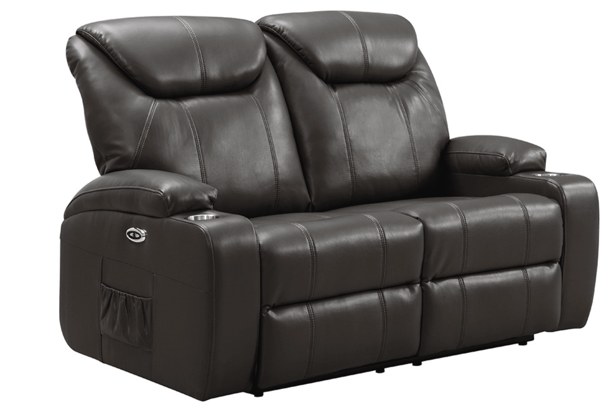 Grey electric leather 2-seater recliner sofa with 2 cup holders on a white background – stylish power reclining couch