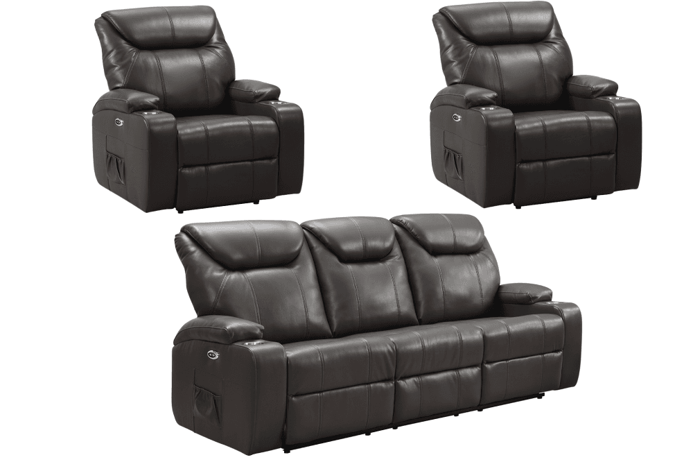 3+1+1 grey leather electric recliner sofa set with 2 built-in cup holders – modern reclining lounge furniture on white background