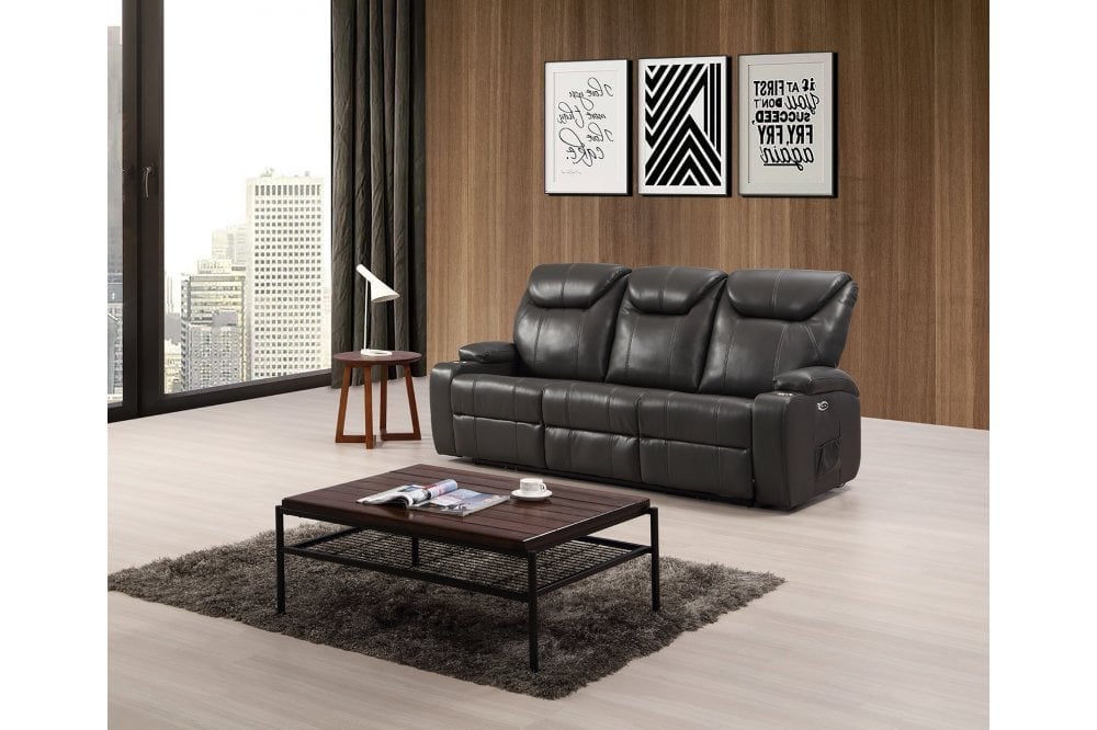 Grey electric leather 3-seater recliner sofa with 2 cup holders in modern living room – stylish power reclining couch