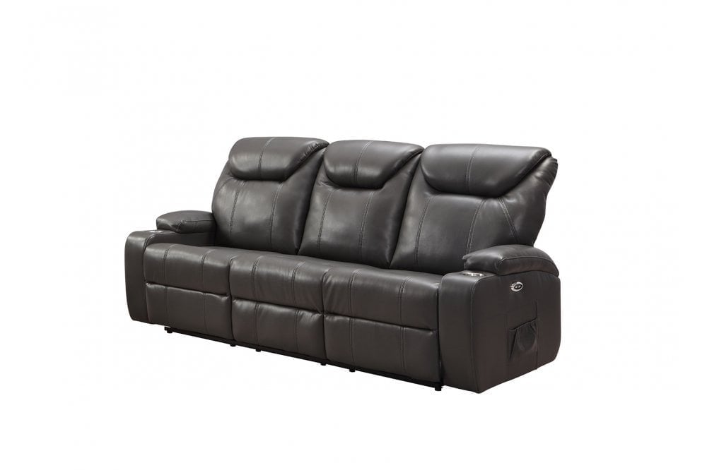 modern 3-seater grey electric recliner sofa in leather with 2 cup holders – contemporary reclining couch on white background