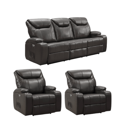 Cinema Grey Leather 3+1+1 Electric Recliner Sofa Set With Two Cup Holders