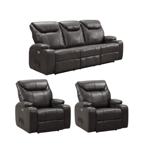 Cinema Grey Leather 3+1+1 Electric Recliner Sofa Set With Two Cup Holders