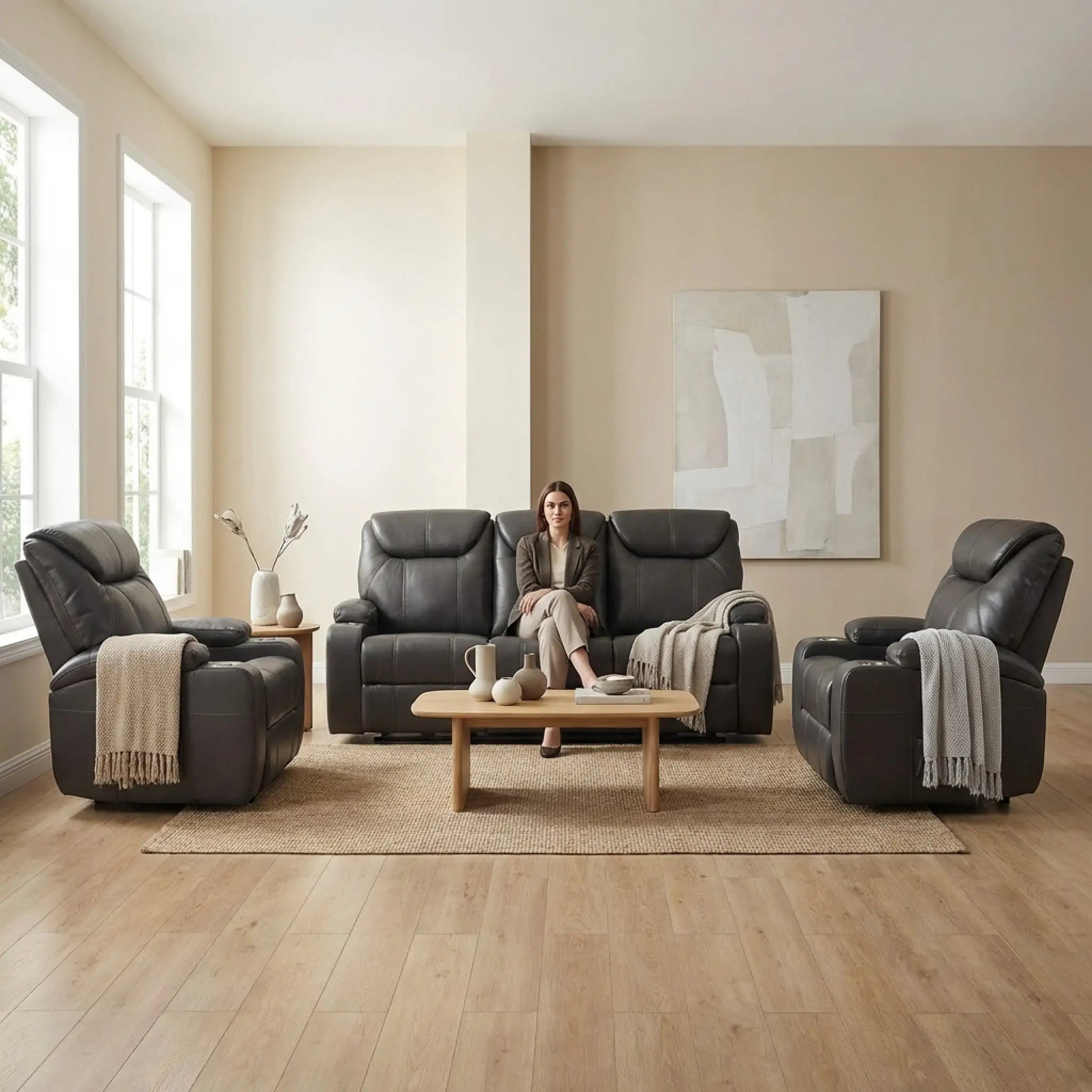 Cinema Grey Leather 3+1+1 Electric Recliner Sofa Set With Two Cup Holders - Furniture Instore