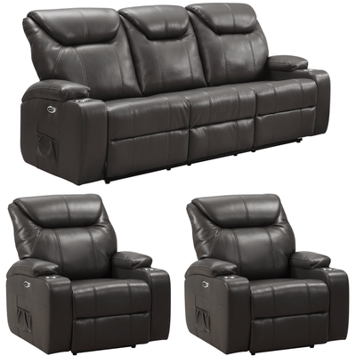 Cinema Grey Leather 3+1+1 Electric Recliner Sofa Set With Two Cup Holders