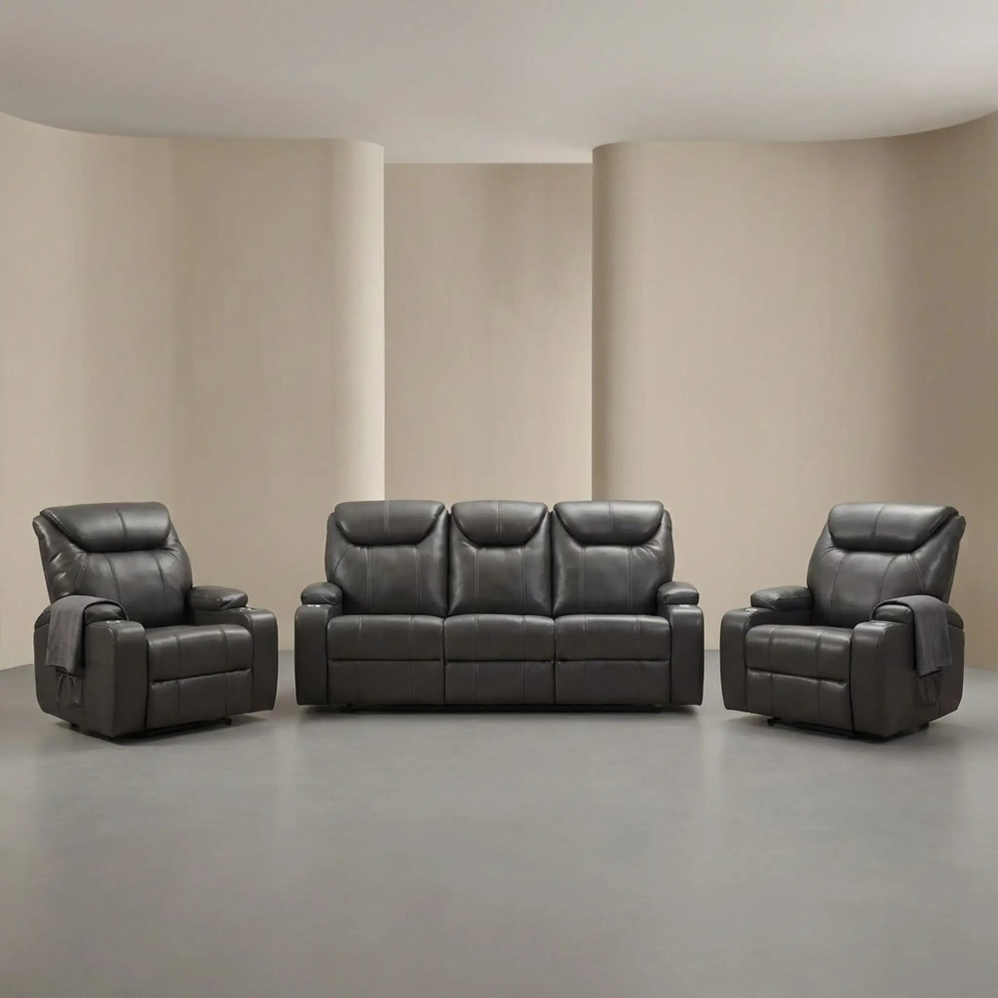 Cinema Grey Leather 3+1+1 Electric Recliner Sofa Set With Two Cup Holders - Furniture Instore