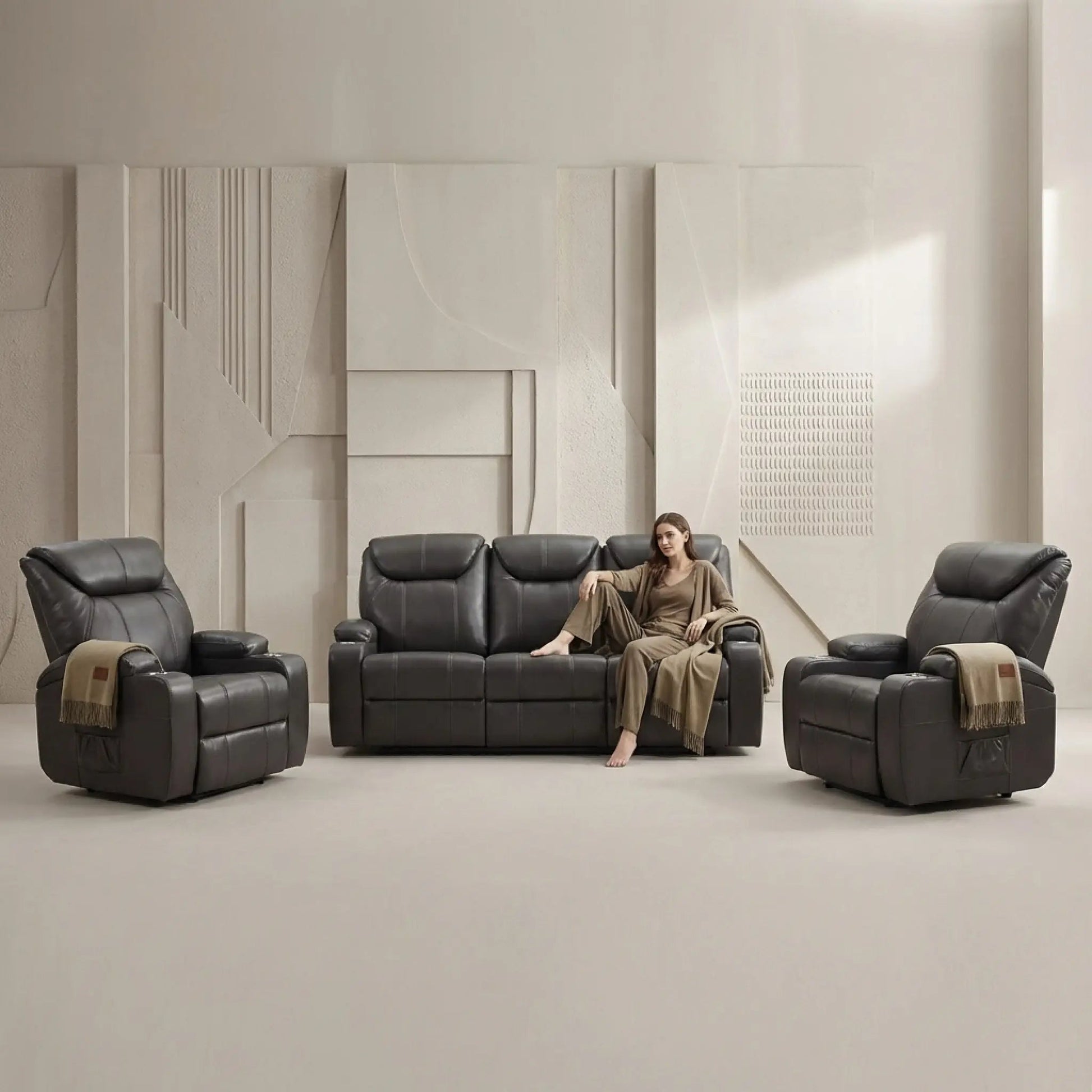 Cinema Grey Leather 3+1+1 Electric Recliner Sofa Set With Two Cup Holders - Furniture Instore
