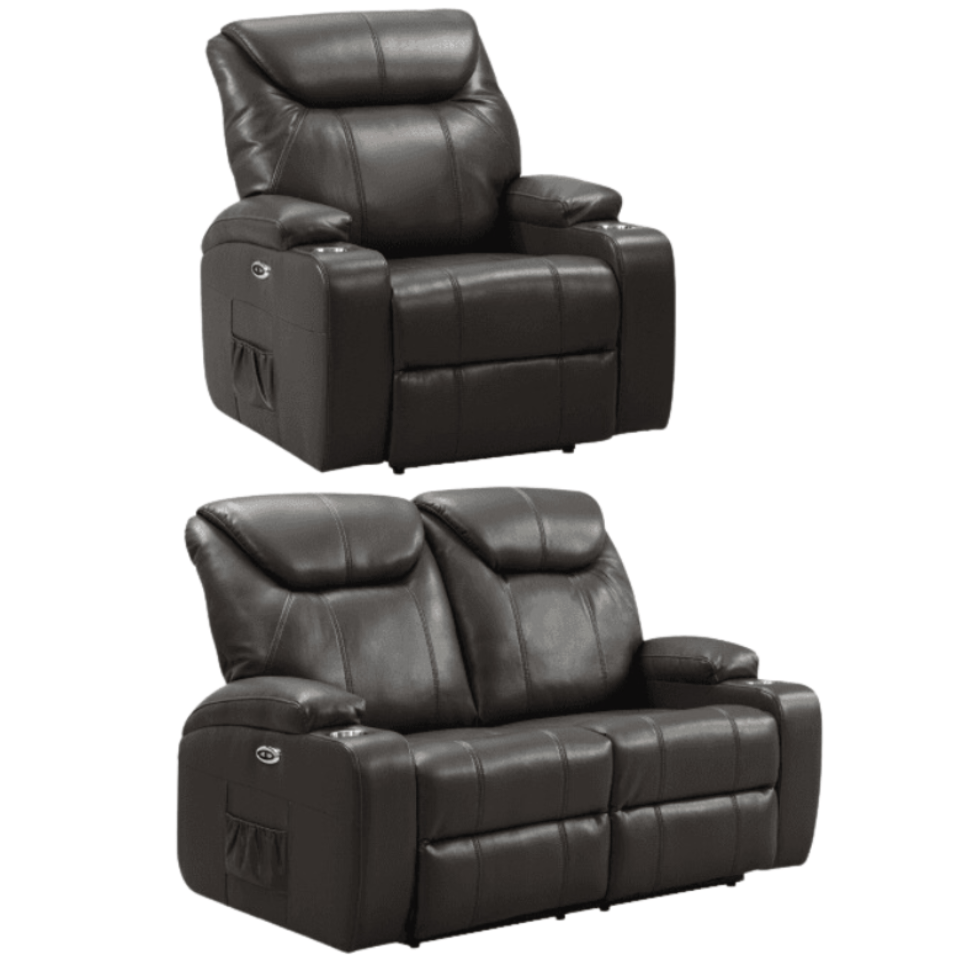 Black leather recliner chair and loveseat set on a white background