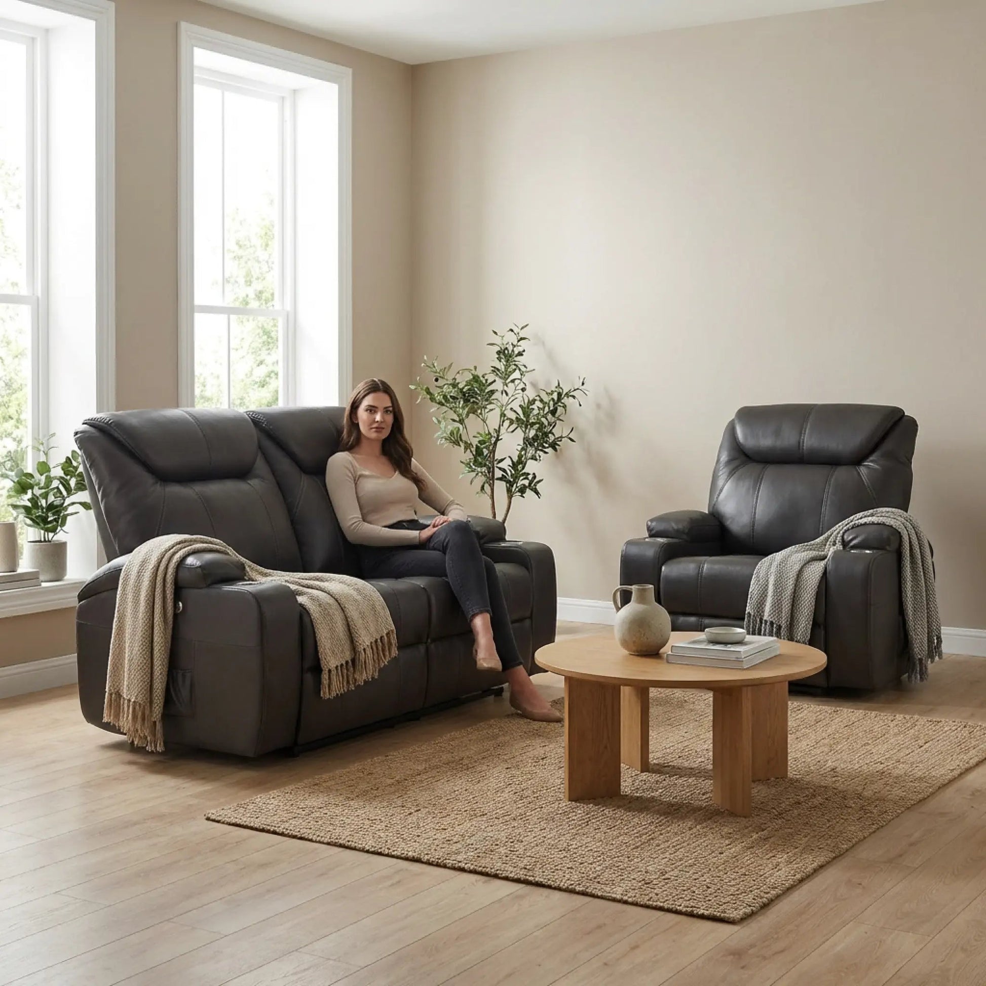 Cinema Grey Leather Electric 2+1 Recliner Sofa Set With Two Cup Holders - Furniture Instore