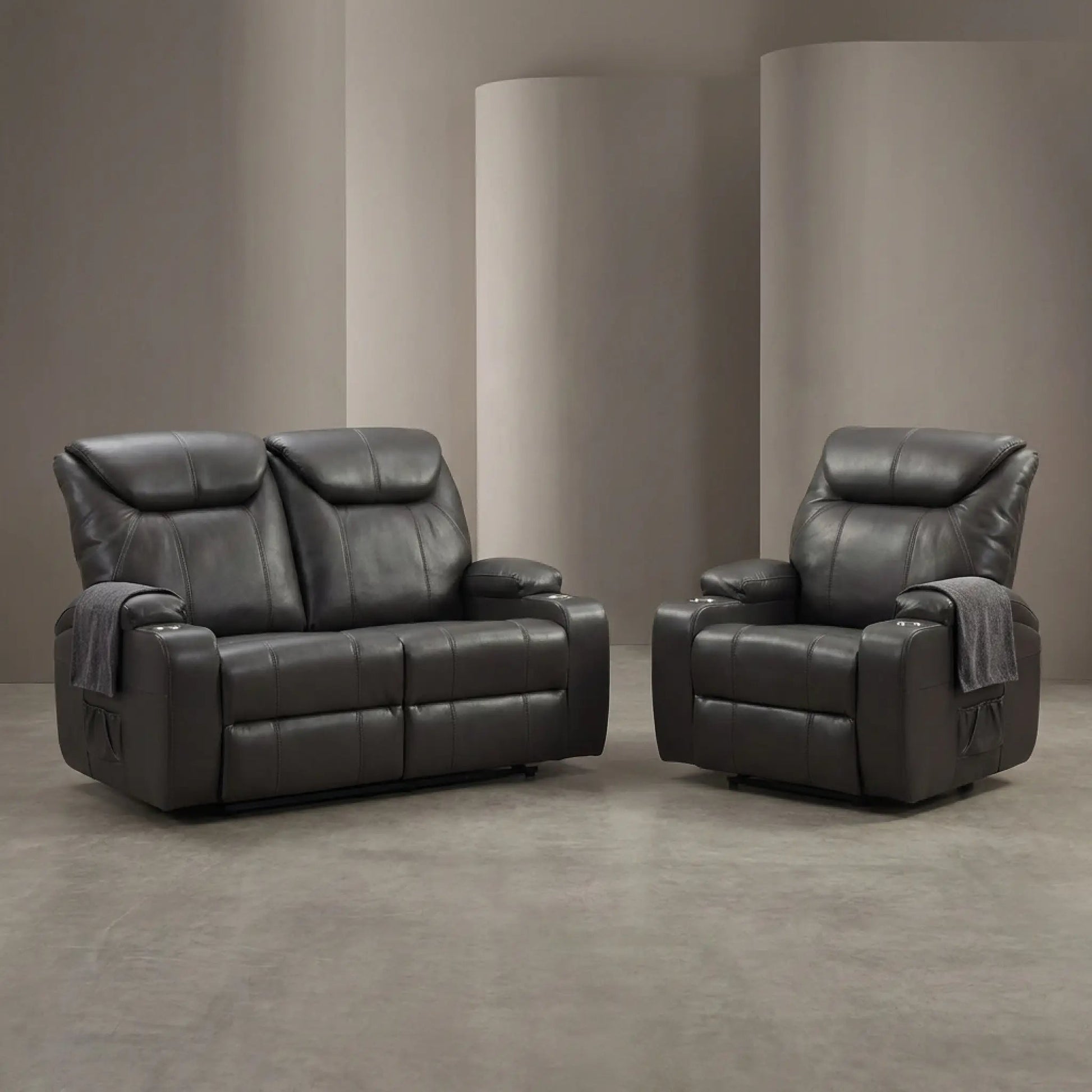 Cinema Grey Leather Electric 2+1 Recliner Sofa Set With Two Cup Holders - Furniture Instore