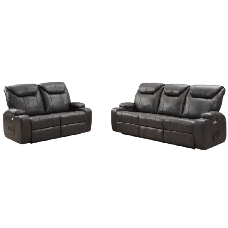 Cinema Grey Electric Leather 3+2 Recliner Sofa Set With Two Cup Holders - Furniture Instore