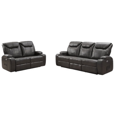 Cinema Grey Electric Leather 3+2 Recliner Sofa Set With Two Cup Holders