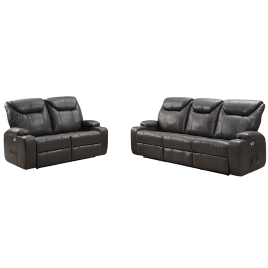 Cinema Grey Electric Leather 3+2 Recliner Sofa Set With Two Cup Holders - Furniture Instore