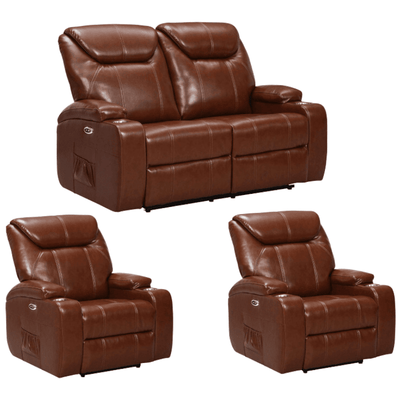 Cinema Tan Electric 2+1+1 Seater Leather Recliner Sofa Set  With Two Cup Holders