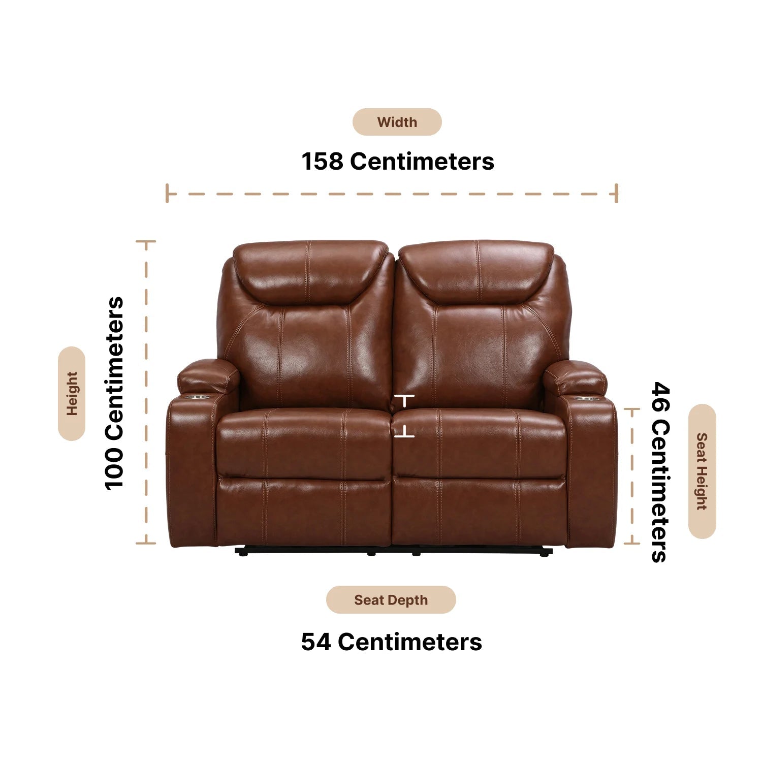 Cinema Tan Electric 2 Seater Leather Recliner Sofa With Two Cup Holders Dimensions