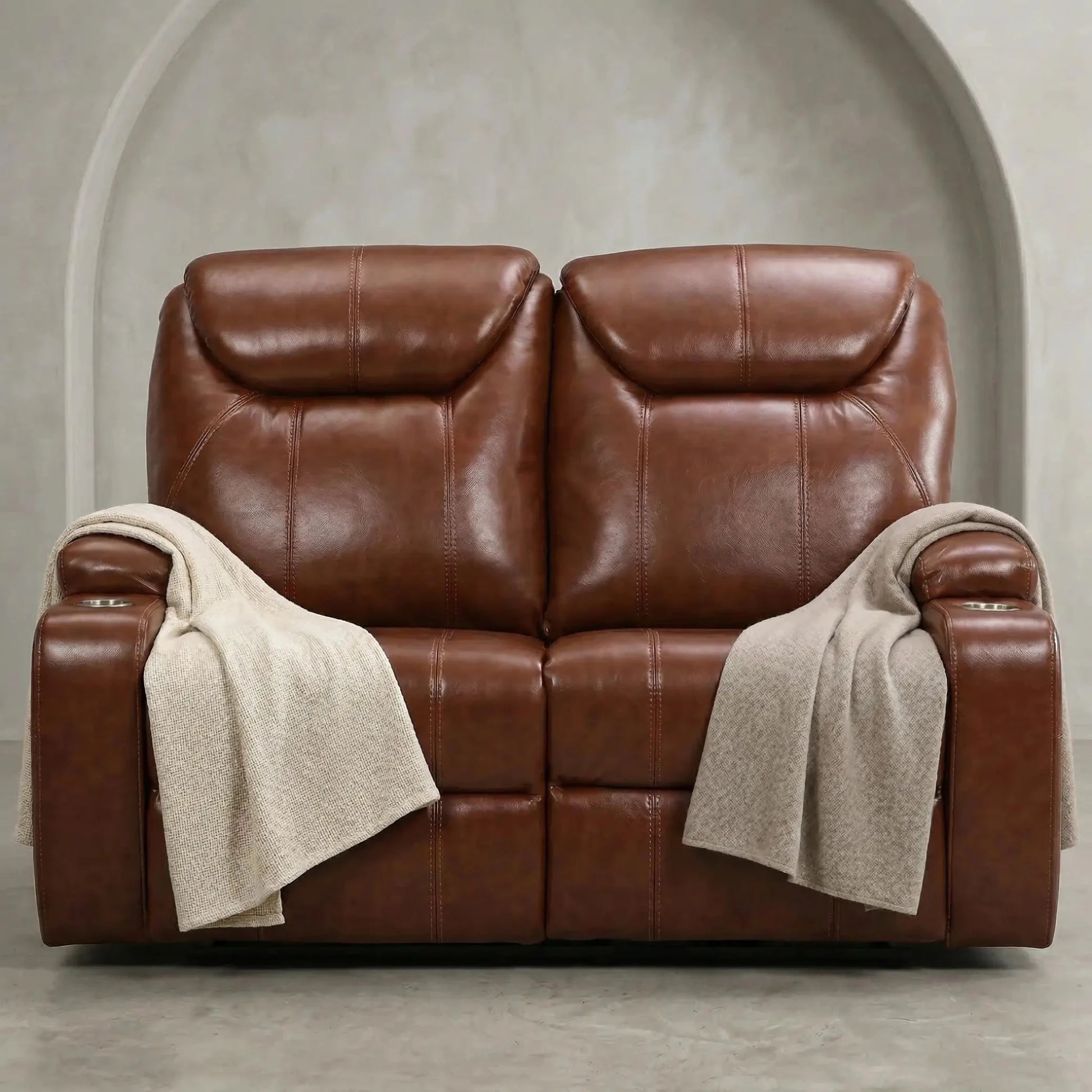Cinema Tan Electric 2 Seater Leather Recliner Sofa With Two Cup Holders - Furniture Instore