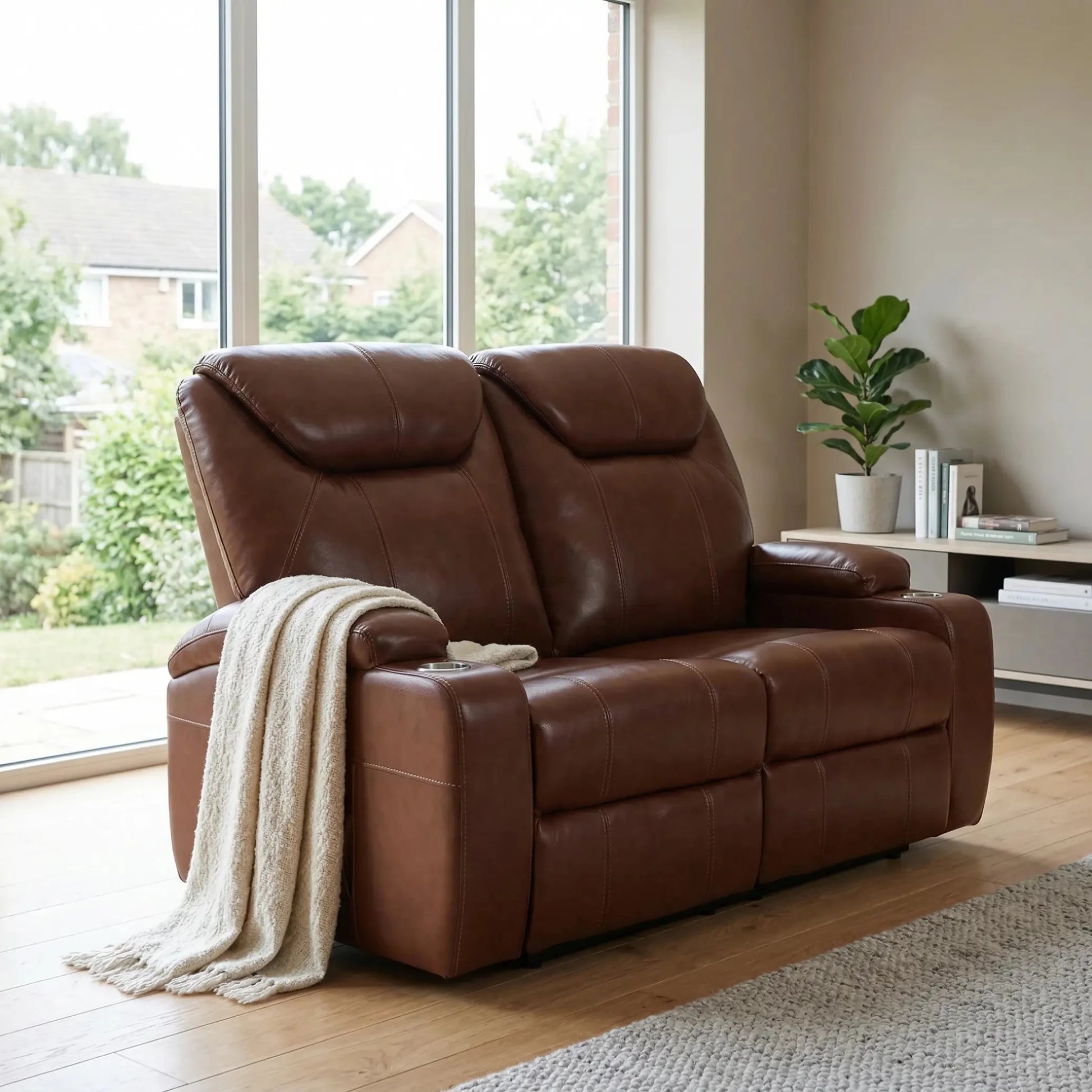 Cinema Tan Electric 2 Seater Leather Recliner Sofa With Two Cup Holders - Furniture Instore