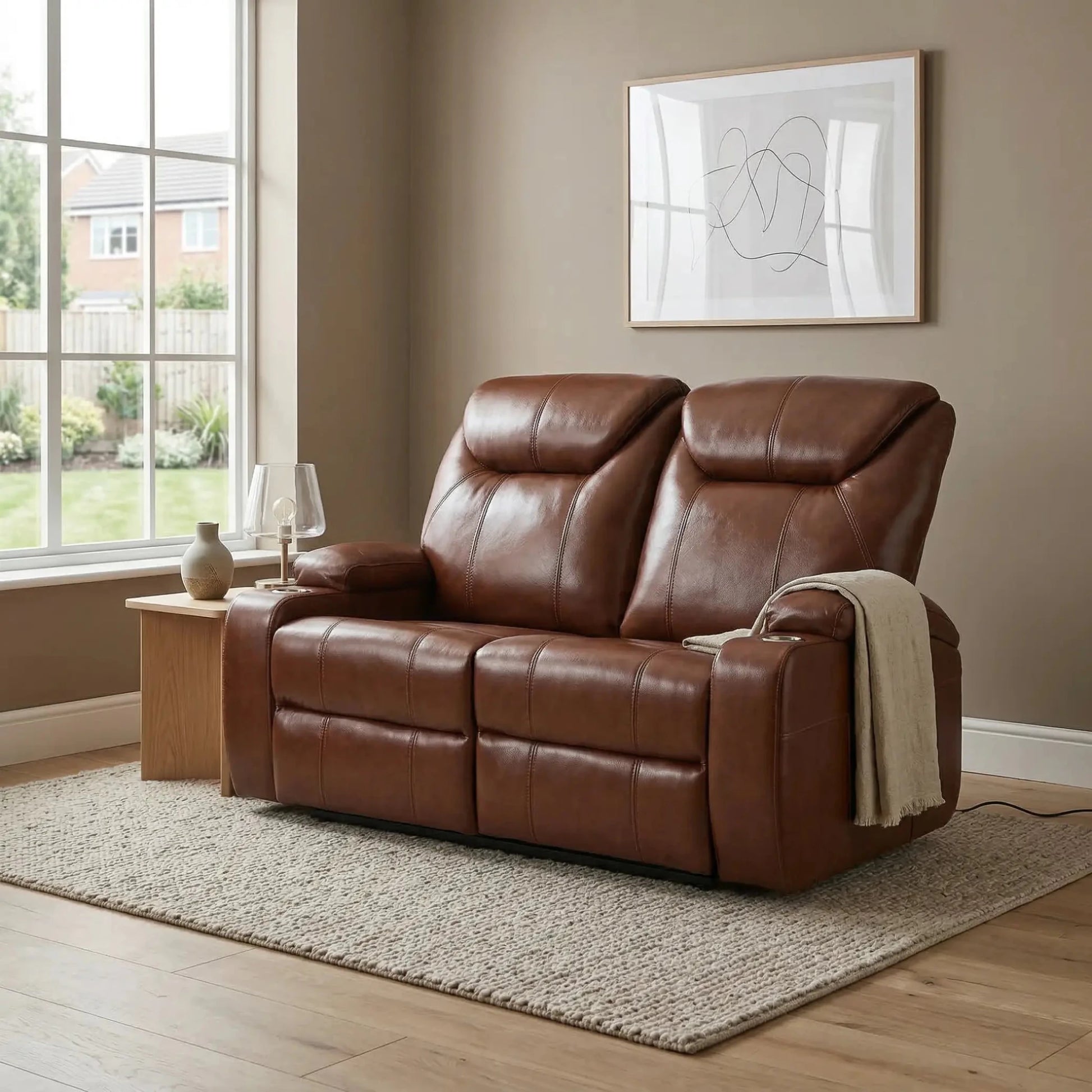 Cinema Tan Electric 2 Seater Leather Recliner Sofa With Two Cup Holders - Furniture Instore