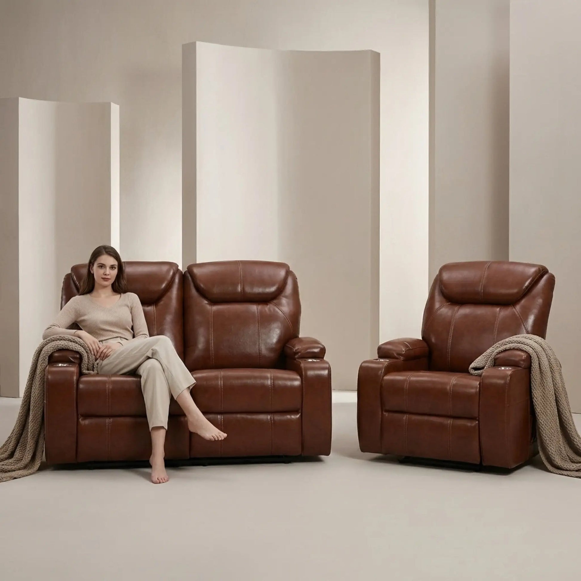 Cinema Tan Electric 2+1 Leather Recliner Sofa Set With Two Cup Holders - Furniture Instore