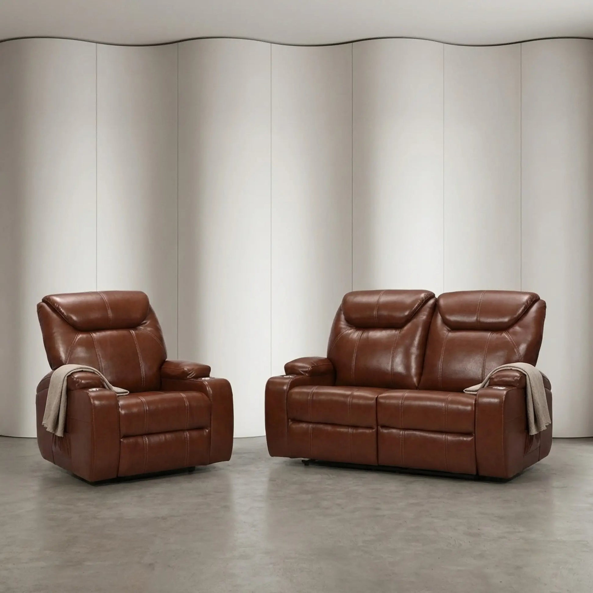 Cinema Tan Electric 2+1 Leather Recliner Sofa Set With Two Cup Holders - Furniture Instore