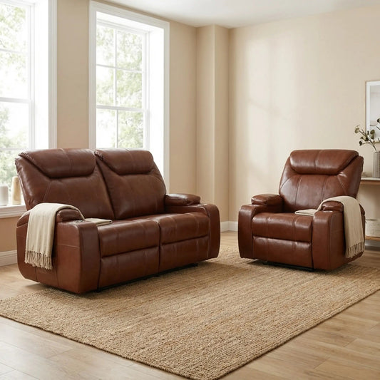 Cinema Tan Electric 2+1 Leather Recliner Sofa Set With Two Cup Holders - Furniture Instore